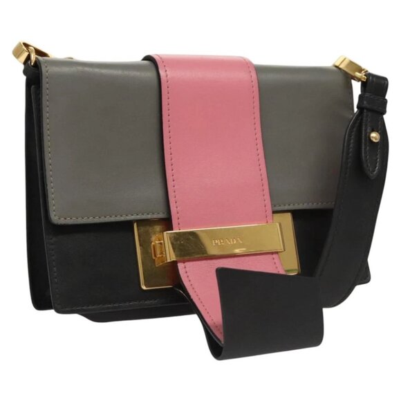 PRADA Chain Shoulder Bag Leather Gray Gold Auth - Picture 1 of 16